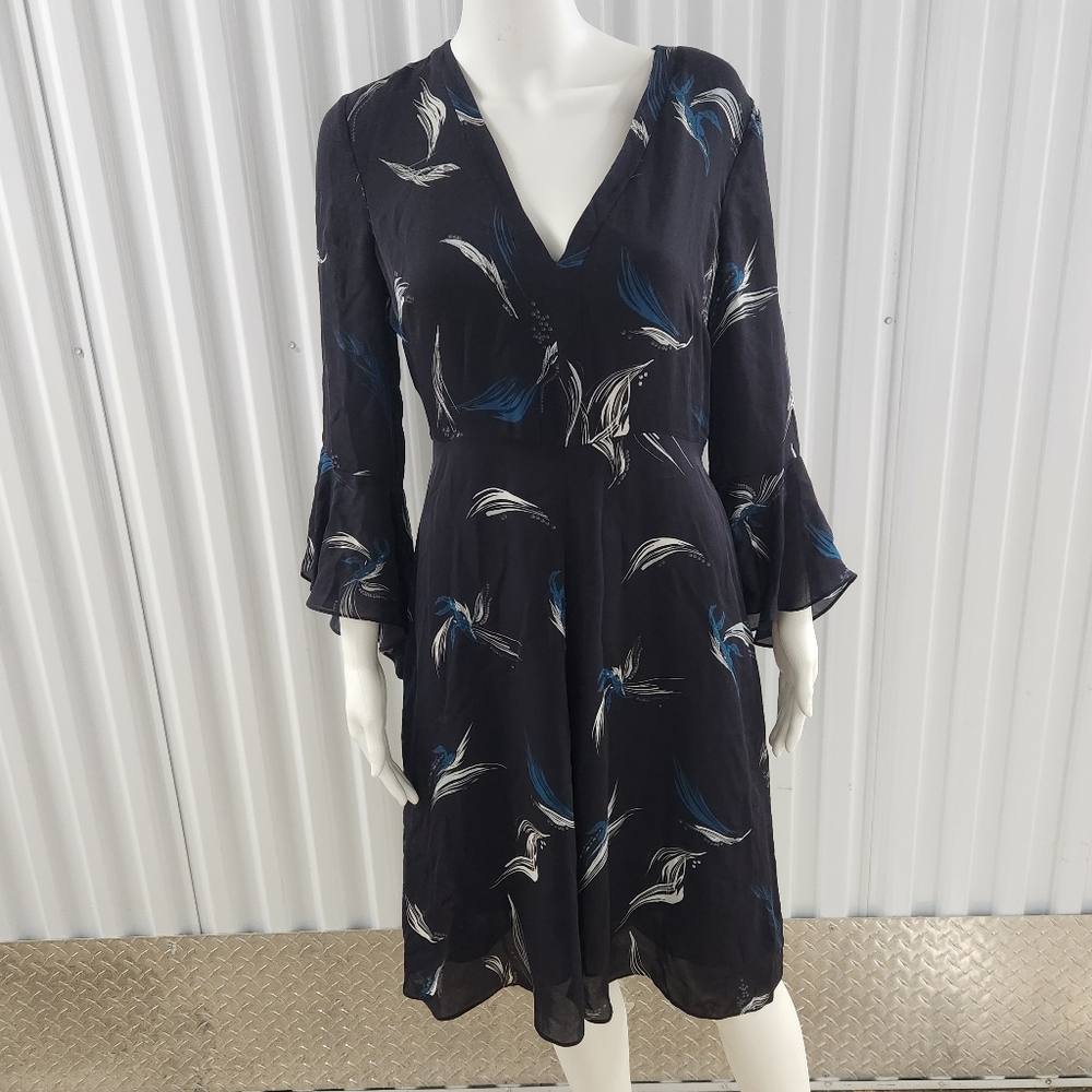 Black Silk Bell Sleeve Fit & Flare Dress with Feather Print – Size 6